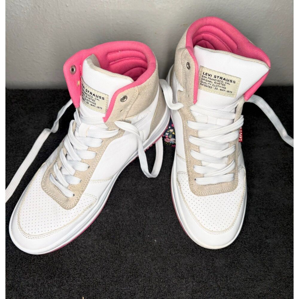 Levi's Girl's High Top Sneakers White Beige Pink Retro Lace Up Casual Shoes